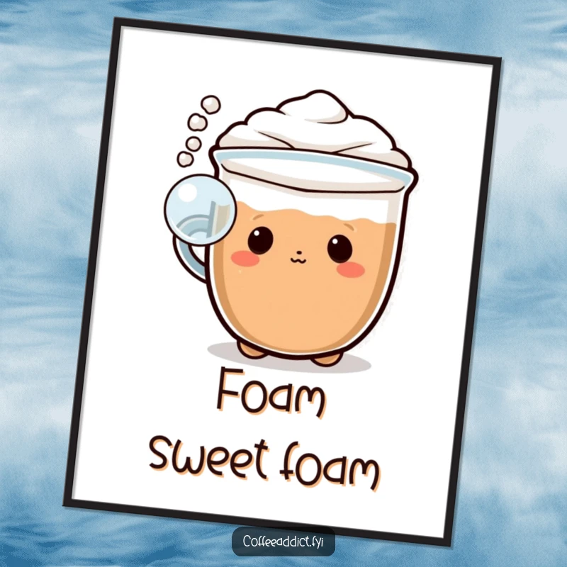 Funny Kawaii cappuccino poster showing a character blowing a playful bubble of foam, adding whimsical art to walls.