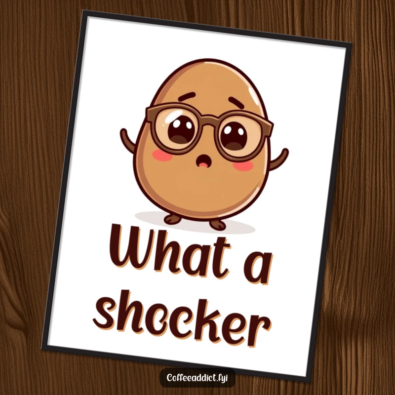 Funny Kawaii Coffee Bean Poster showing a surprised character in tiny spectacles, adding a touch of intellectual whimsy to decor.