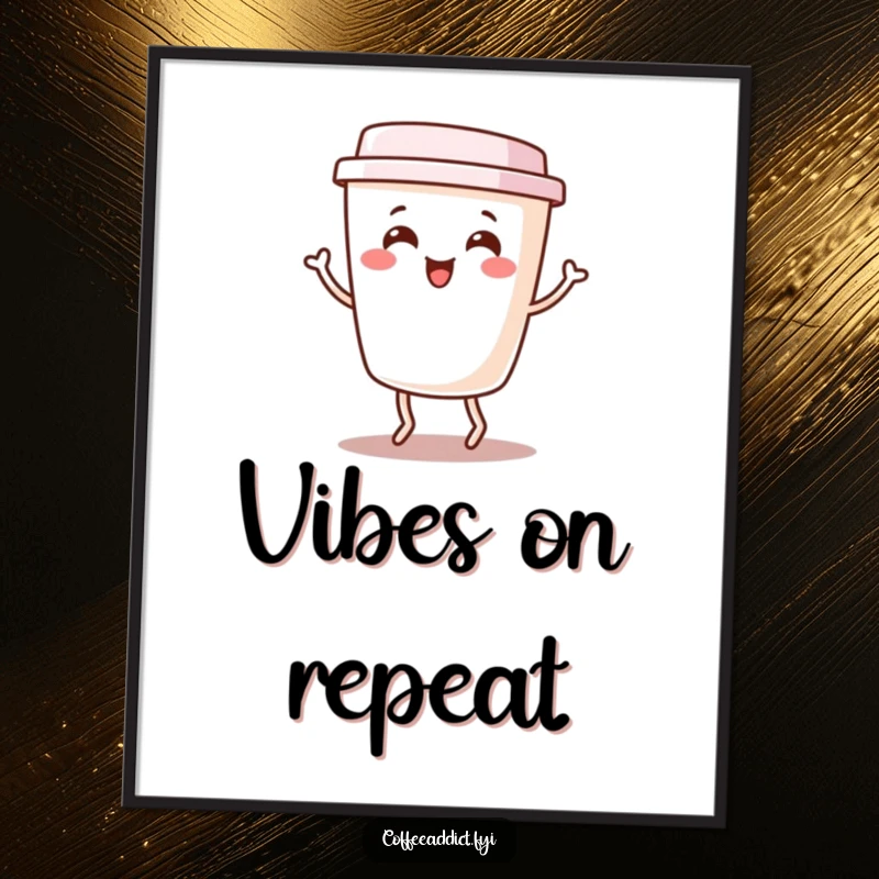 Funny Kawaii Coffee Cup Poster depicting a cute character doing a happy little jig, celebrating caffeine and joy with vibrant art.