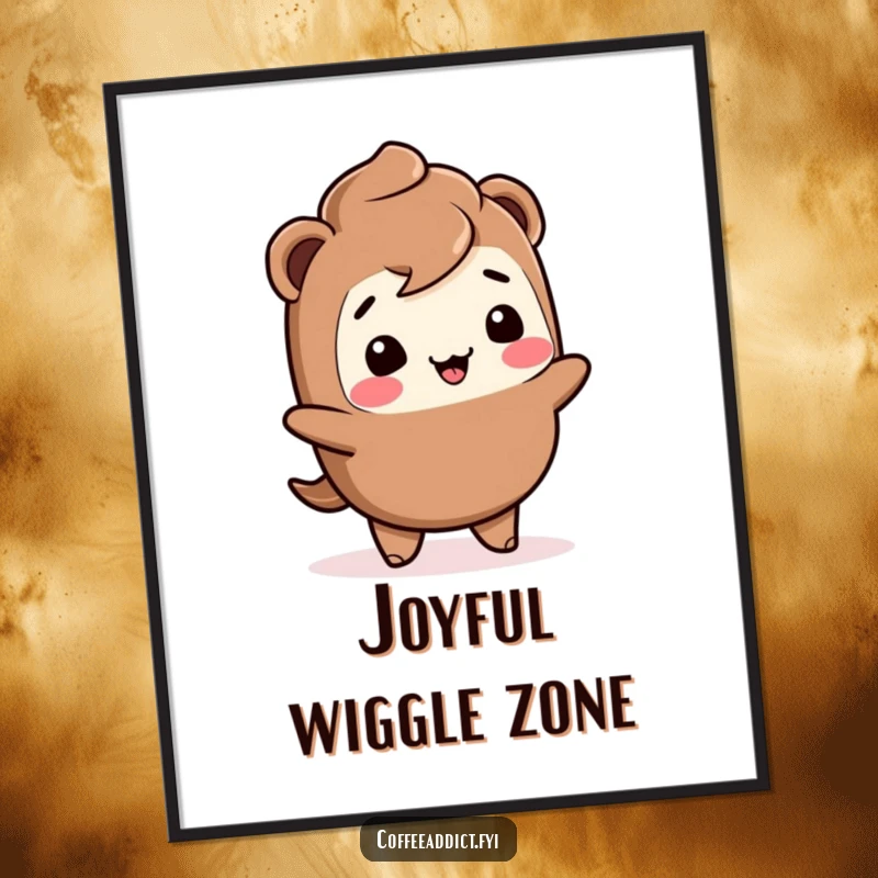 Funny Kawaii mocha poster showing a giggling character doing a joyful wiggle, adding a splash of fun to any room.