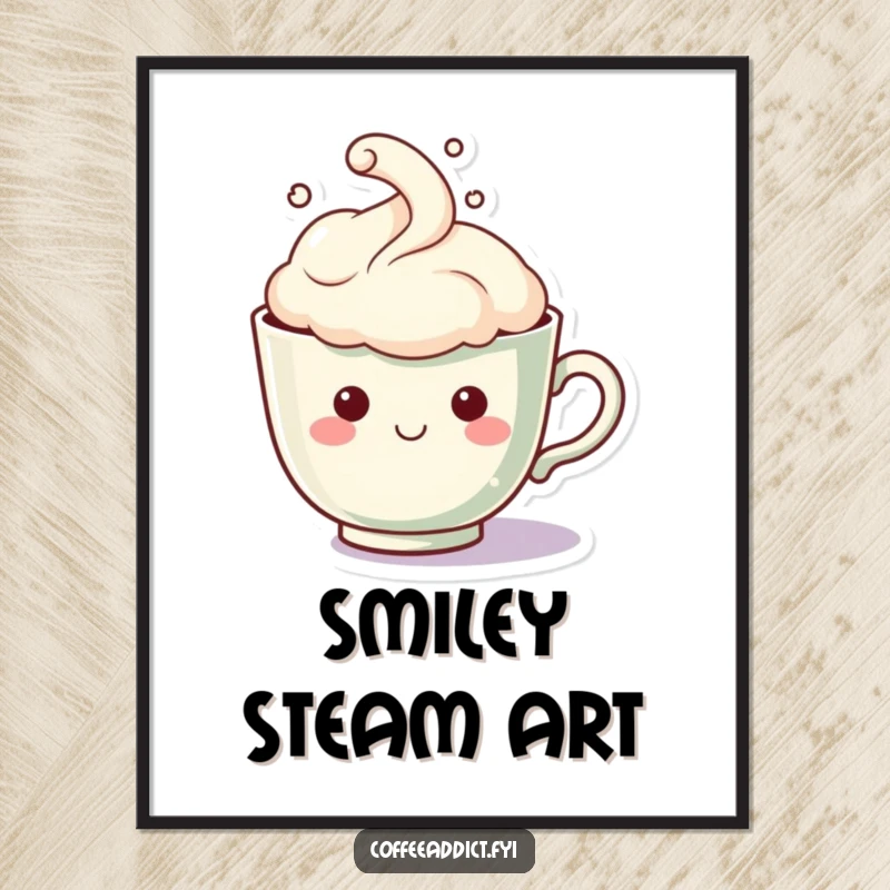 Funny Kawaii Teacup Poster: Artwork of a cute teacup character with a steam cloud forming a happy face, adding humorous coziness to decor.