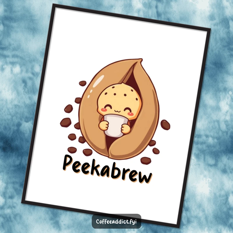 Funny shy muffin poster showing a muffin peeking from behind a large coffee bean, holding a small cup.
