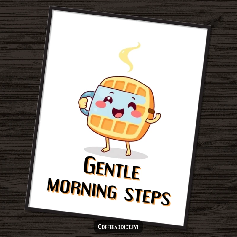 Funny poster art of a happy waffle carefully tiptoeing with a steaming mug, embodying gentle morning vibes.