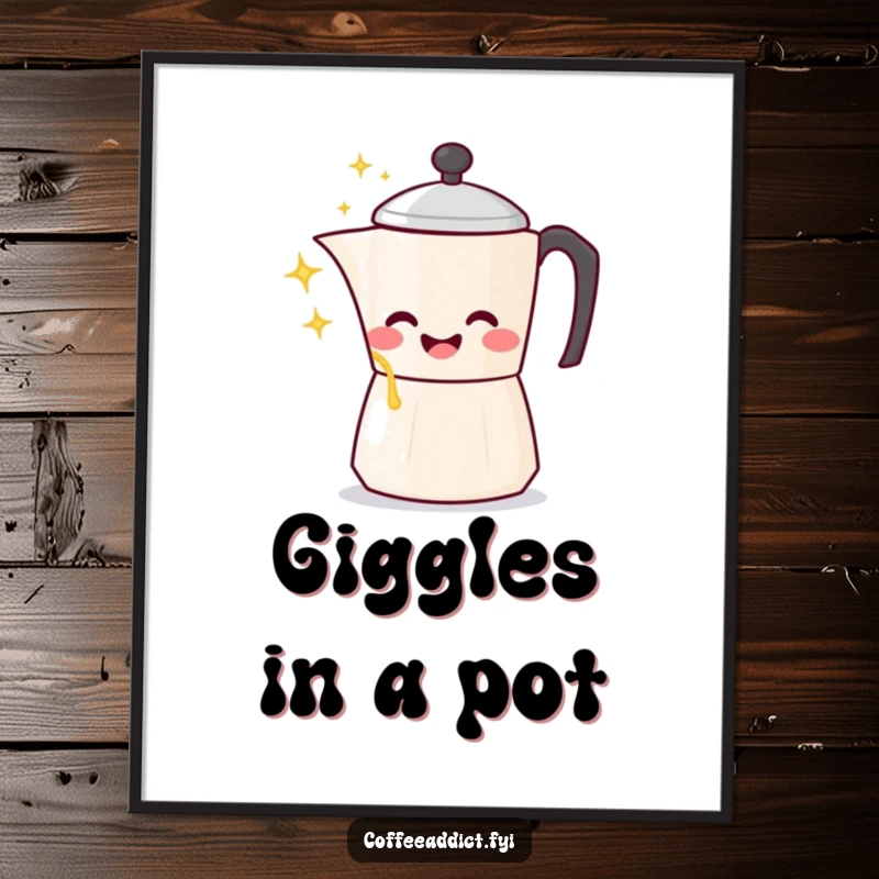 Funny Kawaii Coffee Pot Poster illustrating a character gleefully pouring sparkling liquid, a humorous and decorative piece.