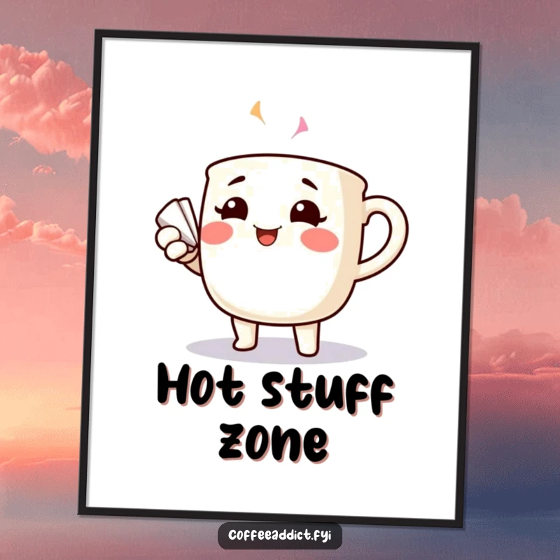 Funny cheerful coffee mug with rosy cheeks dramatically fanning itself, as humorous wall art.