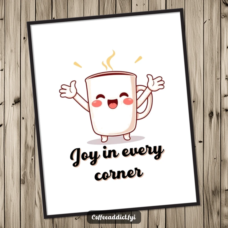 Funny Kawaii Coffee Mug Poster showing a character with arms wide open, overflowing with contagious joy and a cheerful spirit.