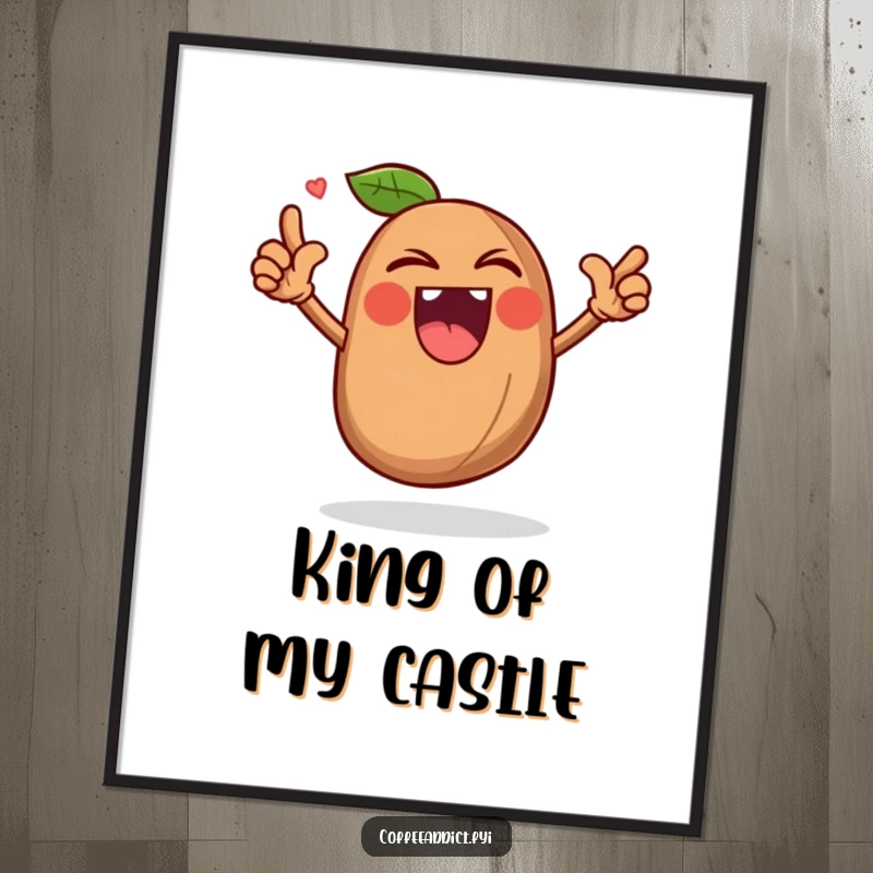 Funny poster depicting a coffee bean character roaring triumphantly, adding bold, humorous energy.