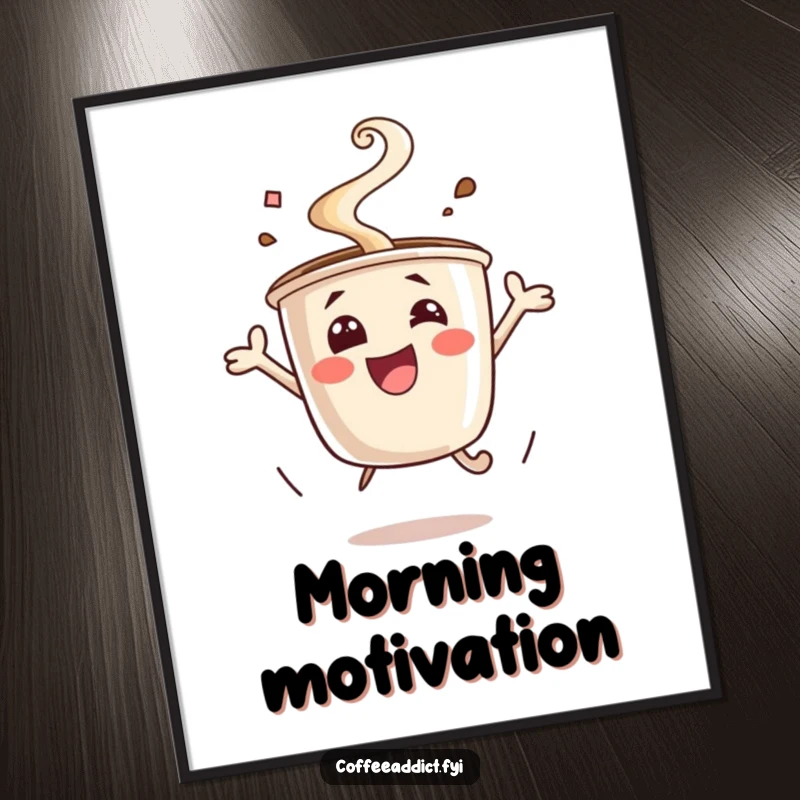 Funny excited coffee cup poster, steam rising, jumping for joy. Lively and humorous wall art for coffee lovers, a great funny gift.