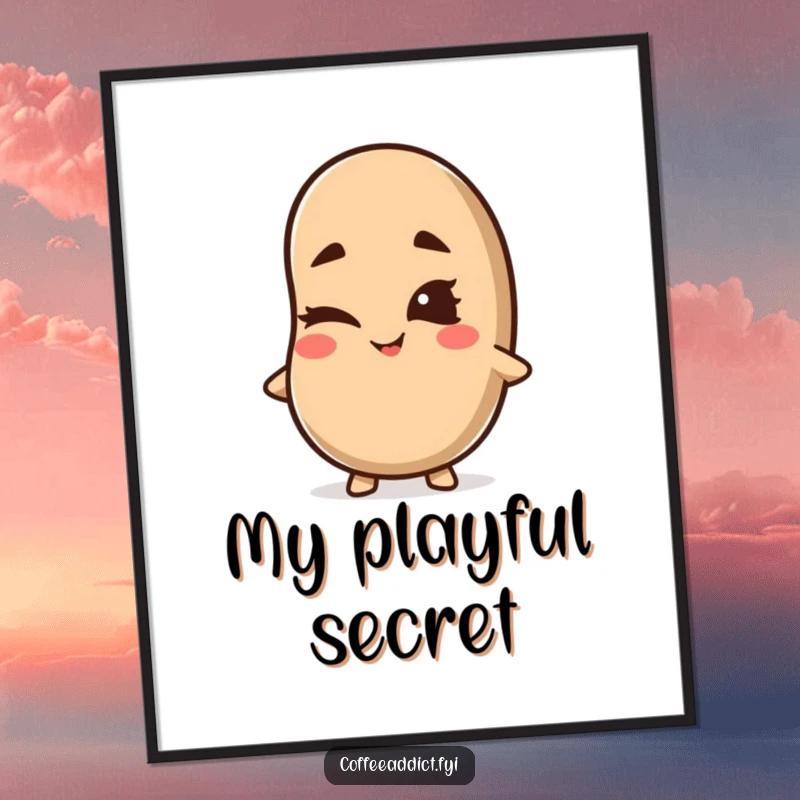 Funny Kawaii Coffee Bean Poster depicting a cute character winking with a mischievous grin, adding playful and humorous art to any room.