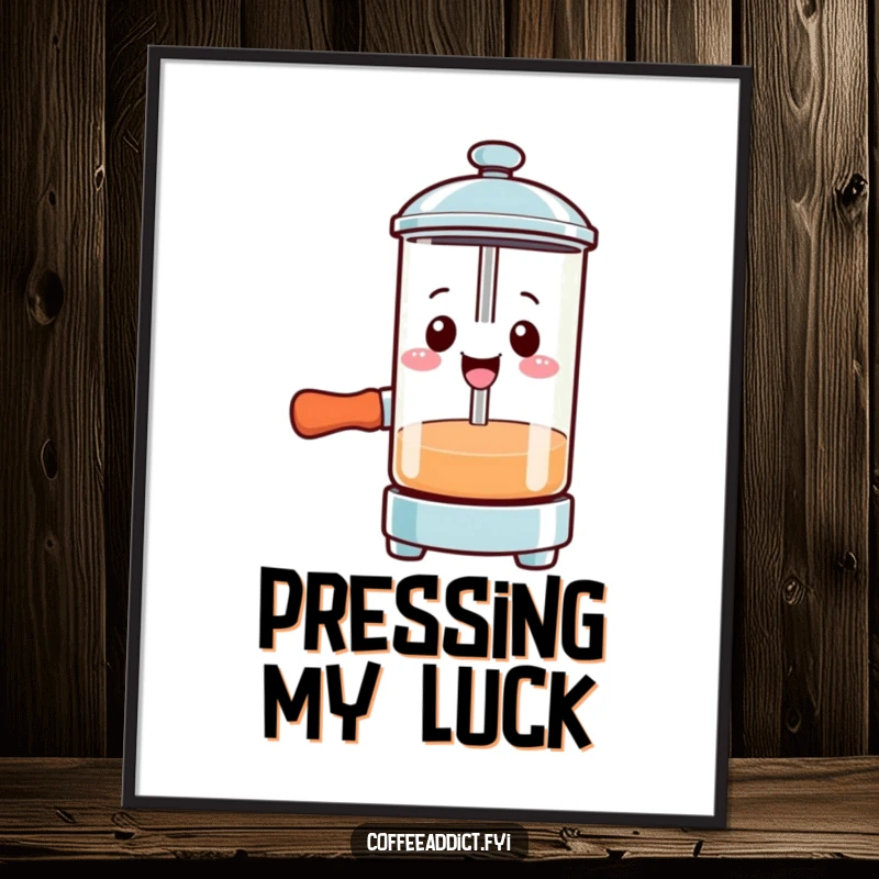 Funny Kawaii French press poster showing a smiling character pressing down with gusto, adding bold art to walls.