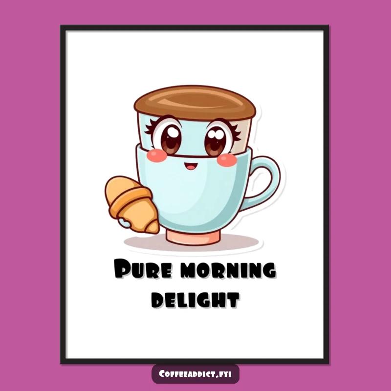 Funny Kawaii Coffee Cup Croissant Poster: Happy Art for a Cheerful Space