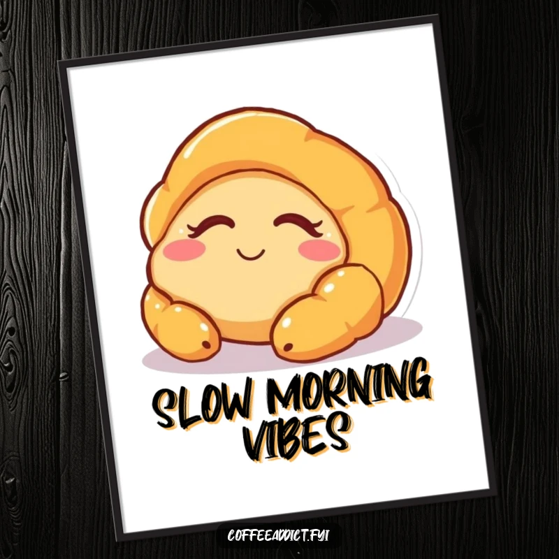 Funny poster art of a sleepy croissant character slowly awakening with a serene smile, perfect for adding gentle humor to decor.