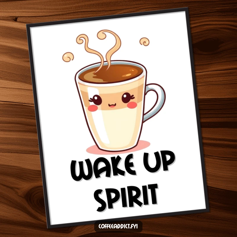 Funny espresso shot poster displaying a winking coffee character with swirling steam, bringing humor to wall decor.