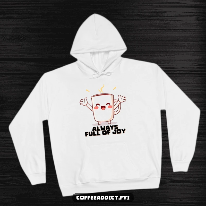 Funny Kawaii Coffee Mug Hoodie featuring a character with arms spread wide, overflowing with pure, contagious joy and warmth.