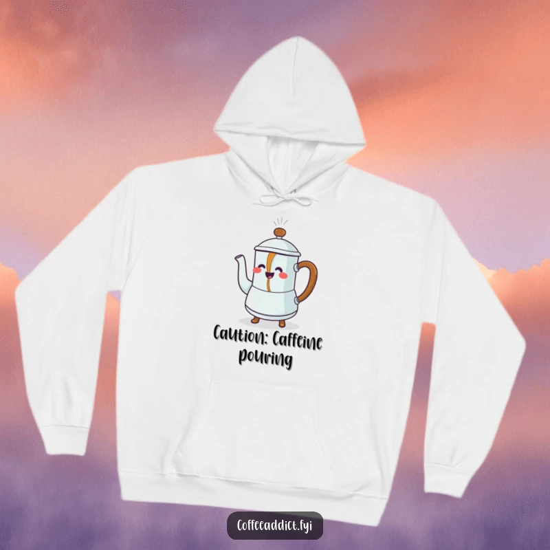 Funny Hoodie: Steaming coffee pot character pouring dancing coffee, offering warmth and humorous delight for a cozy feel.