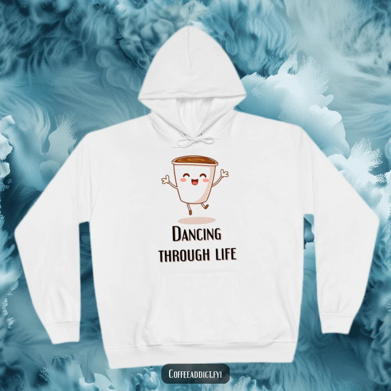 Funny hoodie featuring a coffee cup character with tiny legs performing an enthusiastic dance, creating a cheerful and cozy scene.