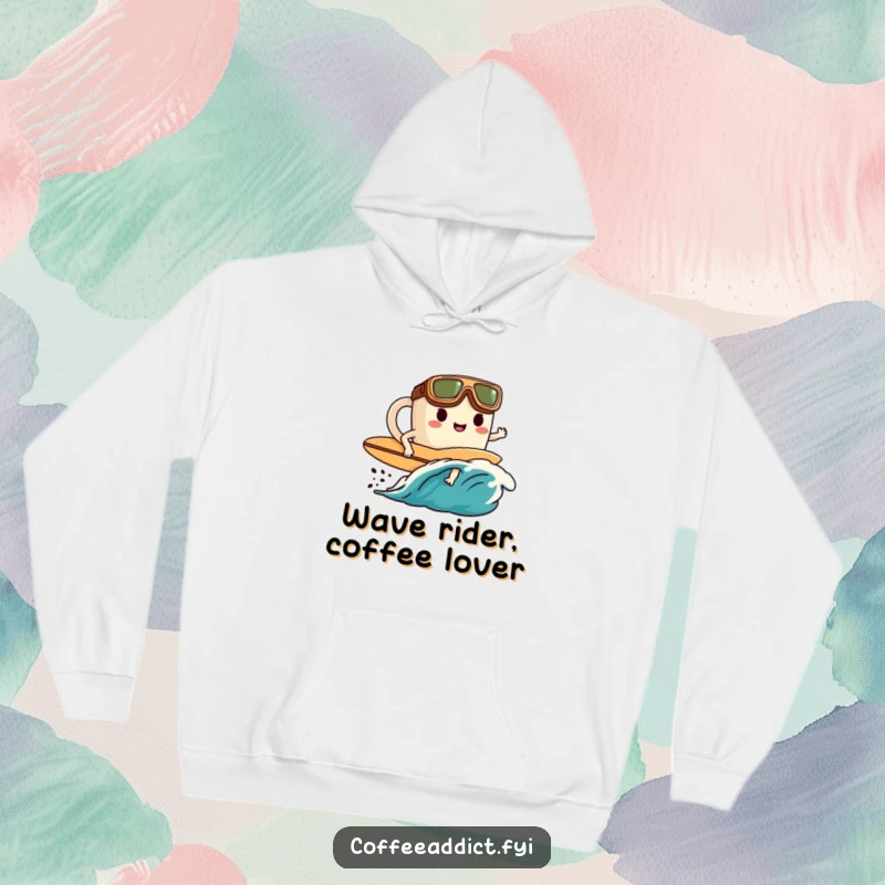 Funny hoodie showcasing a goggled character on a tiny surfboard, expertly surfing a steaming wave of coffee for ultimate comfort.