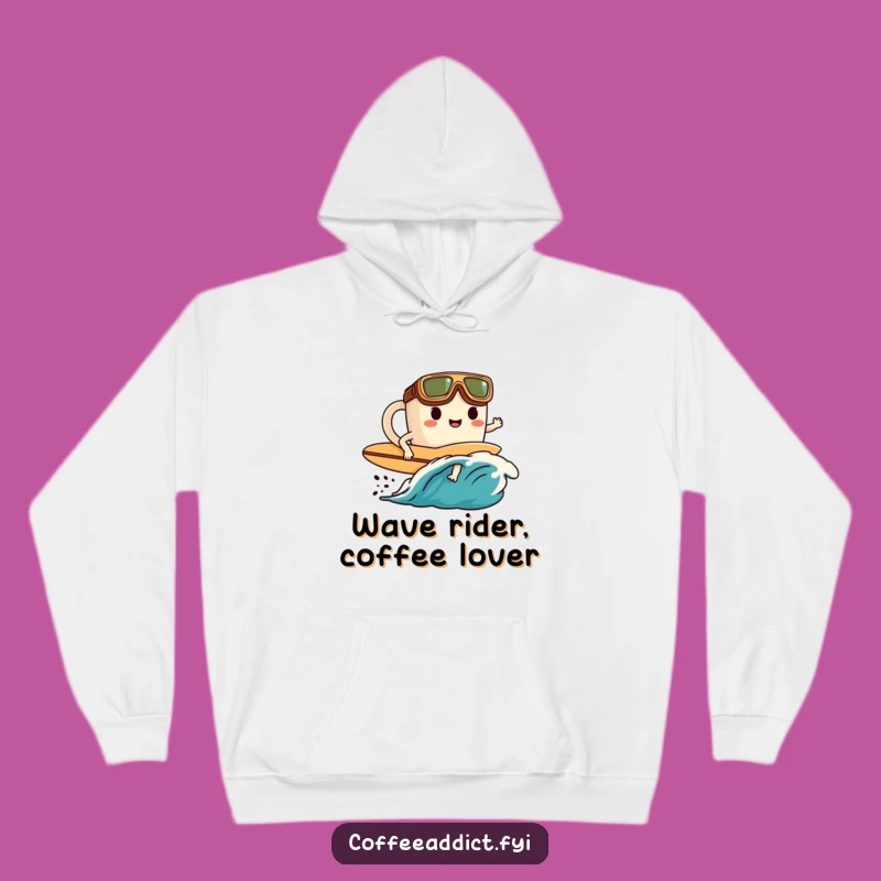 Cozy Funny Coffee Surfer Hoodie: Goggled Character Rides Coffee Wave
