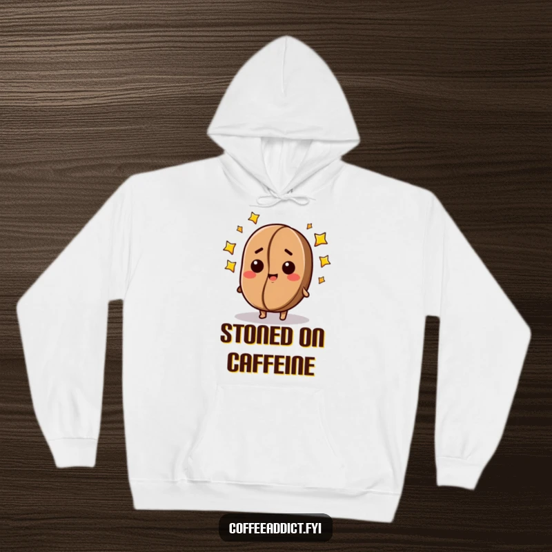 Funny hoodie with a dazed coffee bean character, stars twinkling around its head, embodying sweet, happy oblivion.