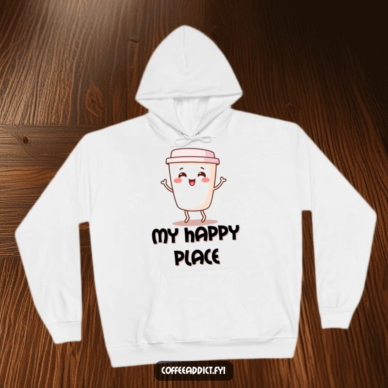 Funny Kawaii Coffee Cup Hoodie with a cute character joyfully dancing a little jig, perfect for cozy, happy, and humorous wear.