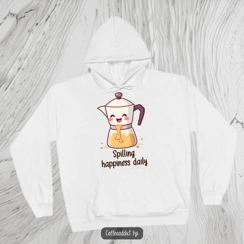 Funny kawaii coffee pot with a wide smile pouring a cascade of coffee, printed on a soft hoodie.