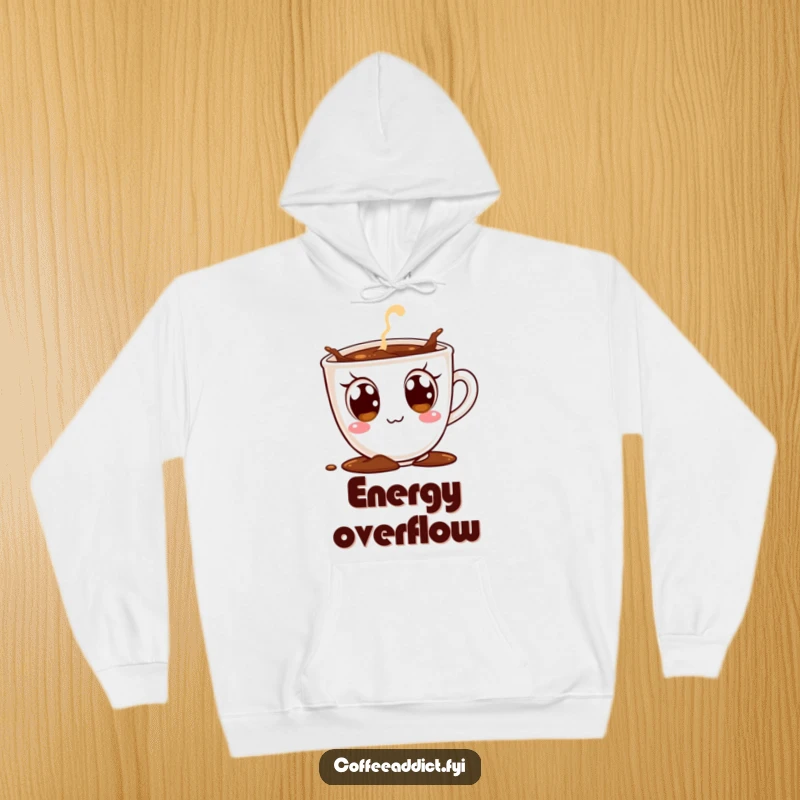 Funny hoodie depicting a coffee cup character with large, overjoyed eyes, comically spilling coffee, perfect for cozy, happy wear.