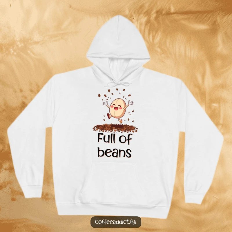 Funny Coffee Bean Joy Hoodie: A soft hoodie featuring a coffee bean character jumping with joy, scattering grounds.