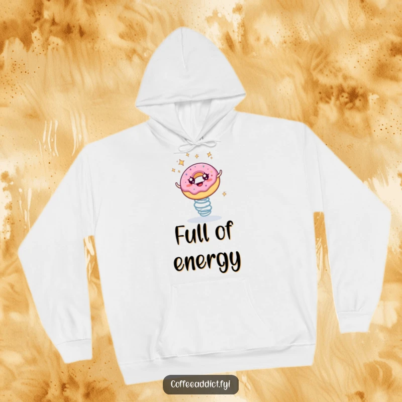Funny hoodie with a delightful donut featuring starry eyes, bouncing with enthusiasm on a spring.