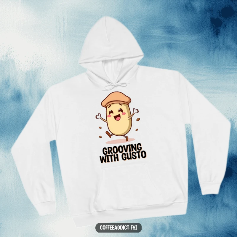 Funny coffee bean character wearing a beret, dancing with gusto, looking chic and fun on a comfortable hoodie, perfect for gifting.
