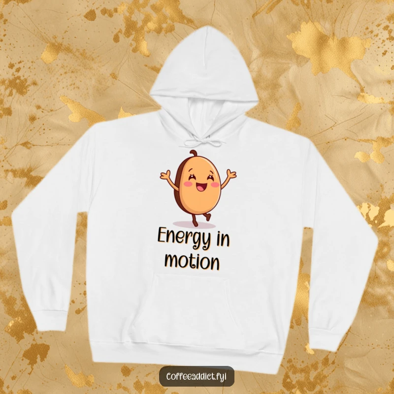 Funny Hoodie featuring a coffee bean doing a lively cartwheel, designed for comfort and radiating cheerful coffee energy.