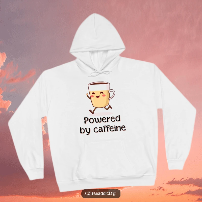 Funny hoodie featuring a smiling coffee cup with tiny legs enthusiastically sprinting towards a steaming coffee pot.