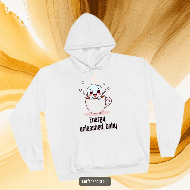 Funny Coffee Molecule Hoodie featuring an excited character emerging from a steaming cup, perfect for cozy, humorous moments.