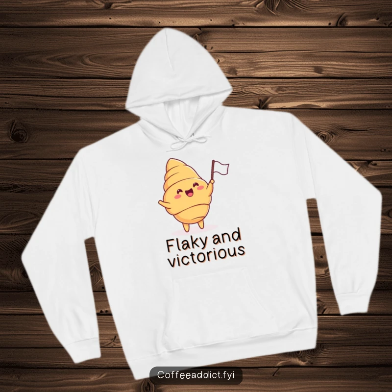 Funny hoodie depicting a delighted croissant waving a tiny flag with enthusiastic cheer, perfect for cozy days.