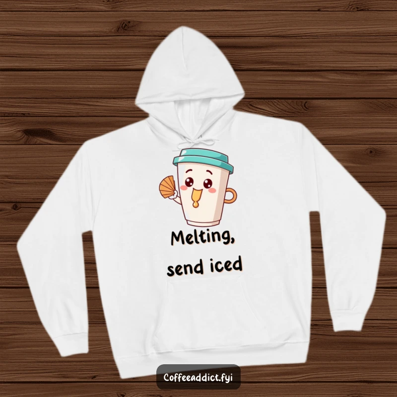 Funny coffee cup character with a happy dribble, fanning itself, looking delightfully cool and relaxed on a cozy hoodie, ideal for gifting.