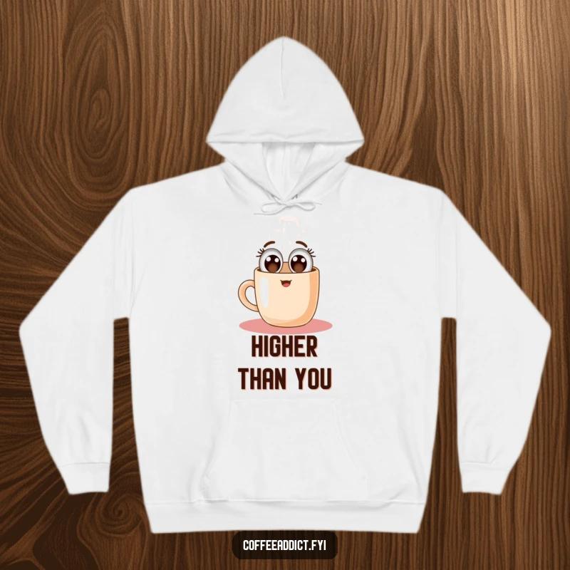 Funny hoodie illustrating a happy coffee mug character with wide eyes, floating upwards, symbolizing the uplifting effect of coffee.
