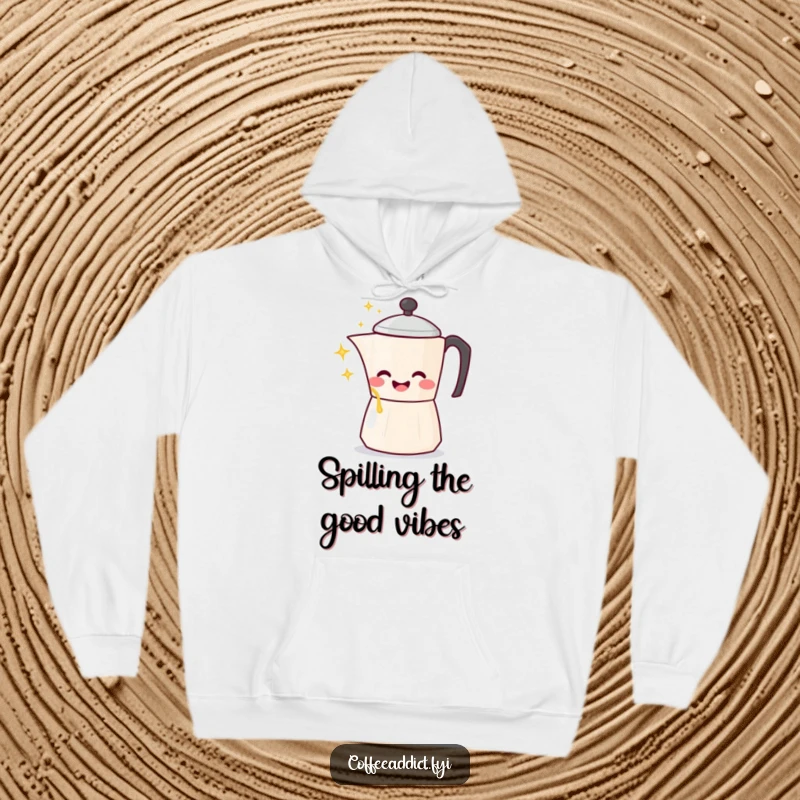 Funny Kawaii Coffee Pot Hoodie featuring a character gleefully pouring sparkling liquid, offering warmth and humor.
