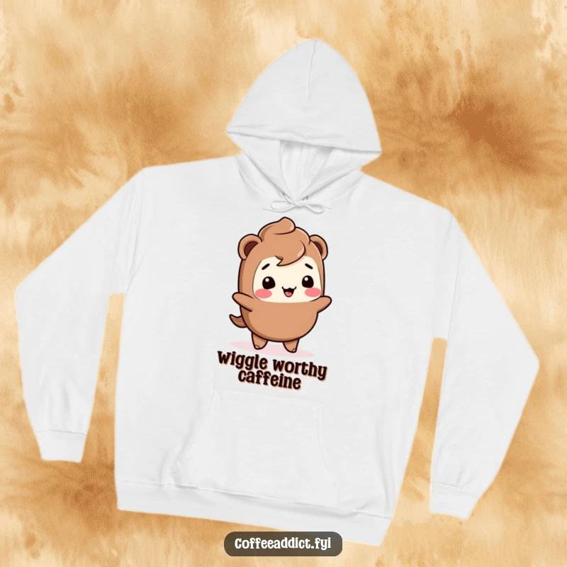 Funny Kawaii mocha hoodie showcasing a giggling character doing a joyful wiggle, perfect for staying cozy and stylish.