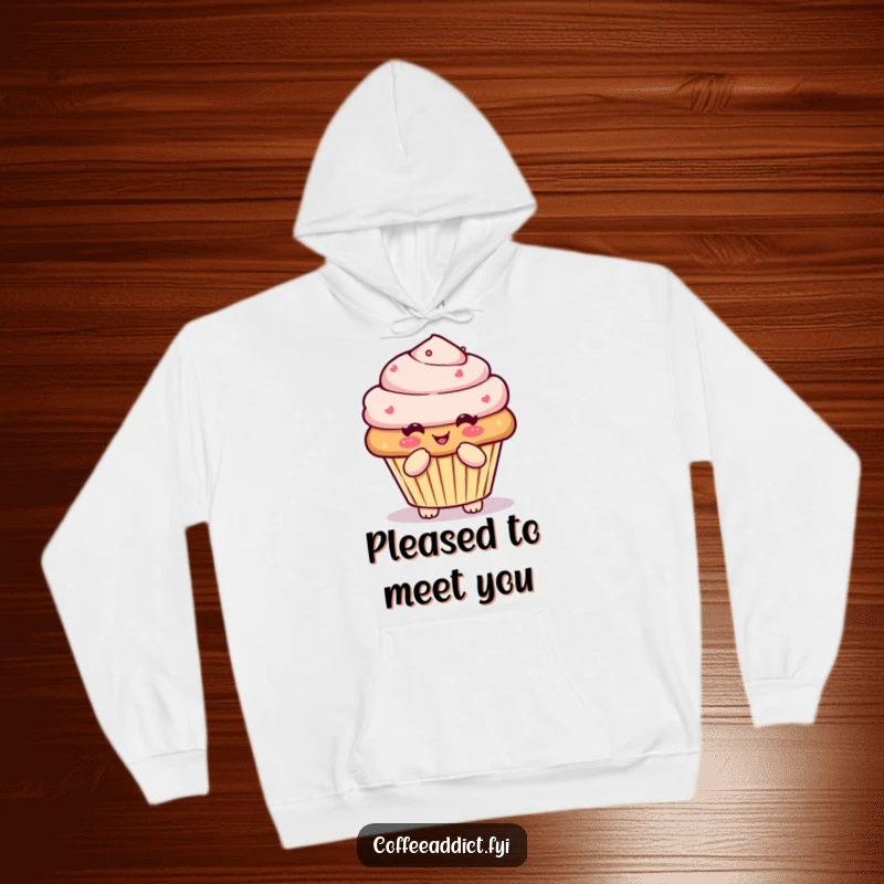 Funny Kawaii muffin hoodie featuring a character doing a pleased little bow, ideal for cozy days and sweet style.