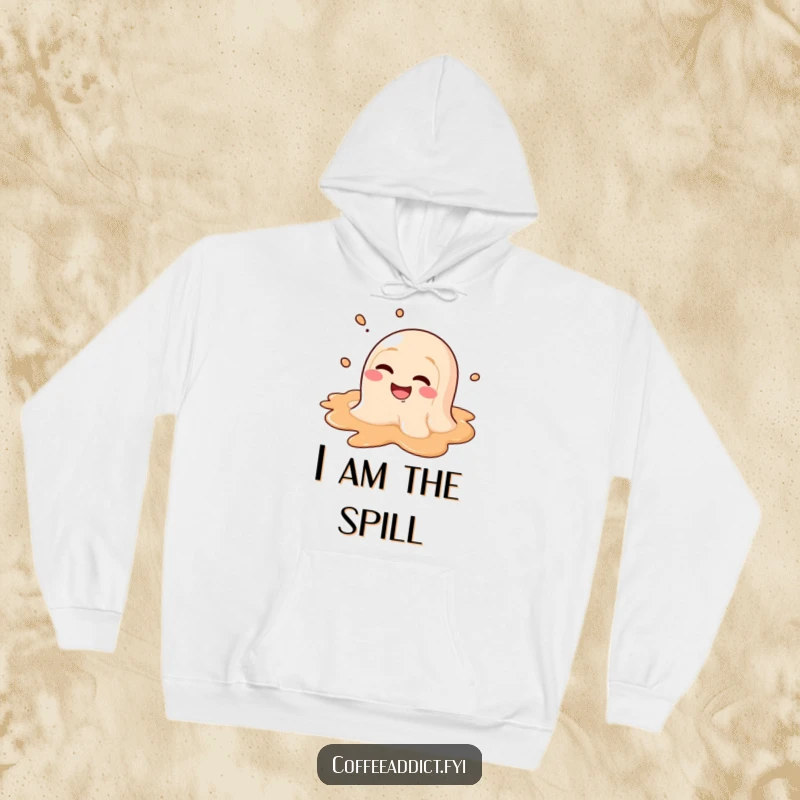 Funny hoodie print of a coffee puddle character in a state of blissful melting with a wide, goofy grin.