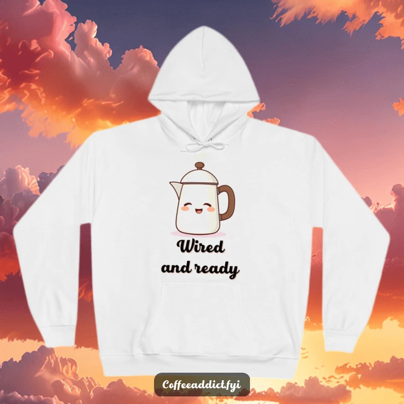 Funny hoodie depicting a steaming coffee pot character giving an energetic wink, radiating warmth and humor.