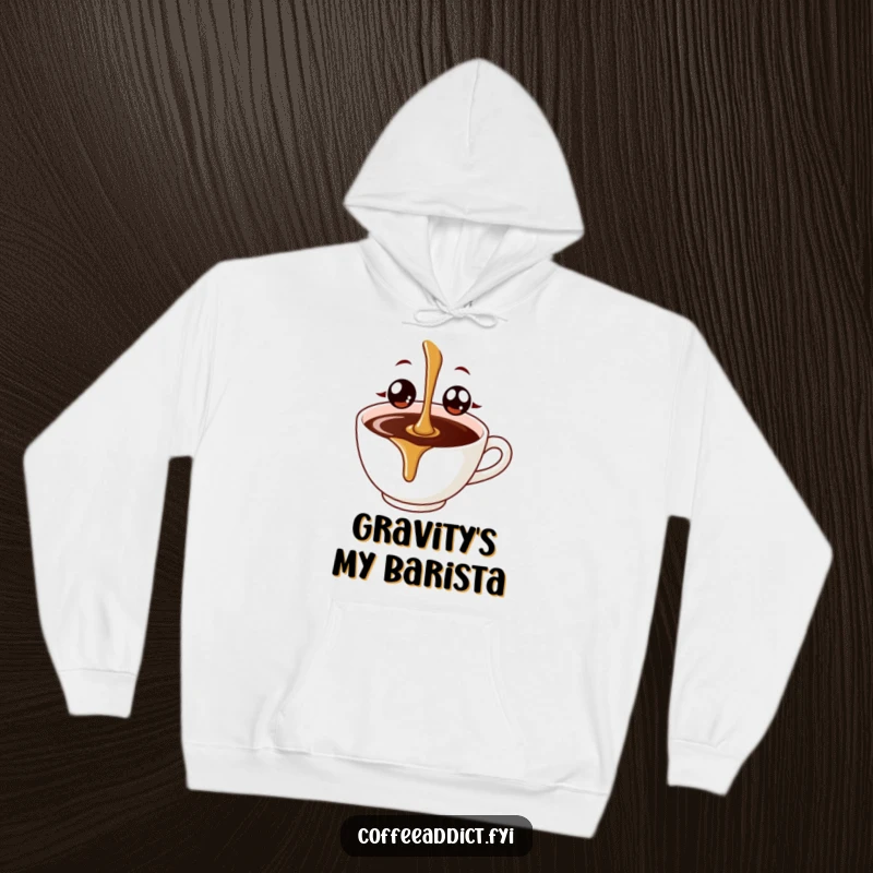 Funny coffee drip character with big, joyful eyes falling into a coffee cup, depicted on a soft, warm hoodie.