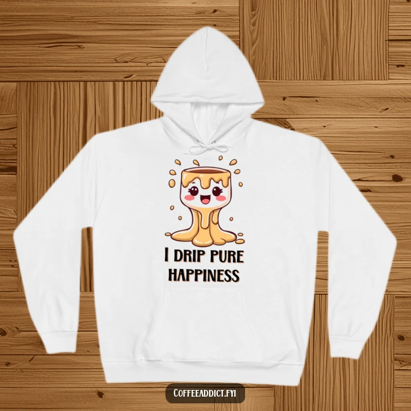 Funny Kawaii Coffee Drip Hoodie featuring a cute character in a bubbly cascade, offering warmth and humor as a delightful gift.