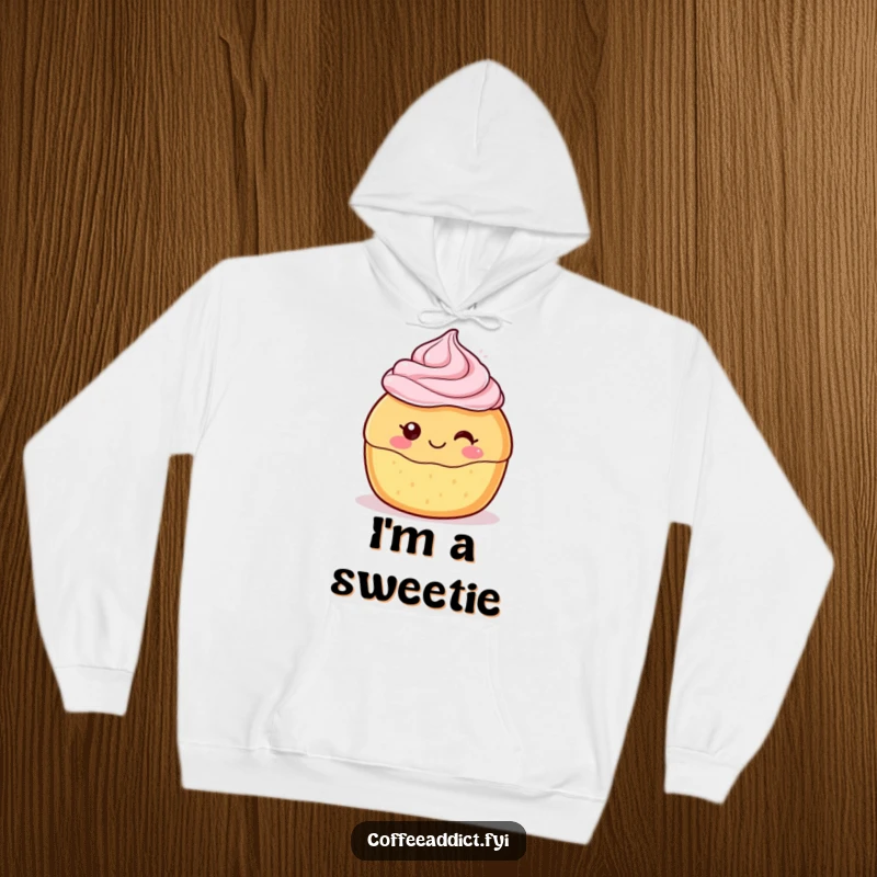 Funny Kawaii Pastry Hoodie featuring a cute dessert character with a delighted swirl of frosting, perfect for cozy, sweet, and humorous wear.
