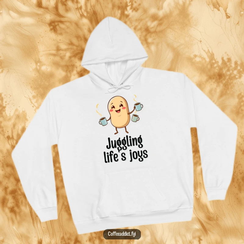 Funny hoodie with a beaming coffee bean character masterfully juggling three tiny steaming mugs, offering cozy humor.
