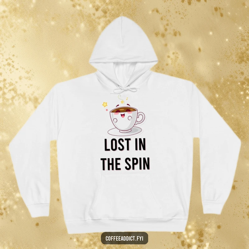 Funny hoodie featuring a coffee saucer character spinning with delight, combining comfort and quirky appeal.