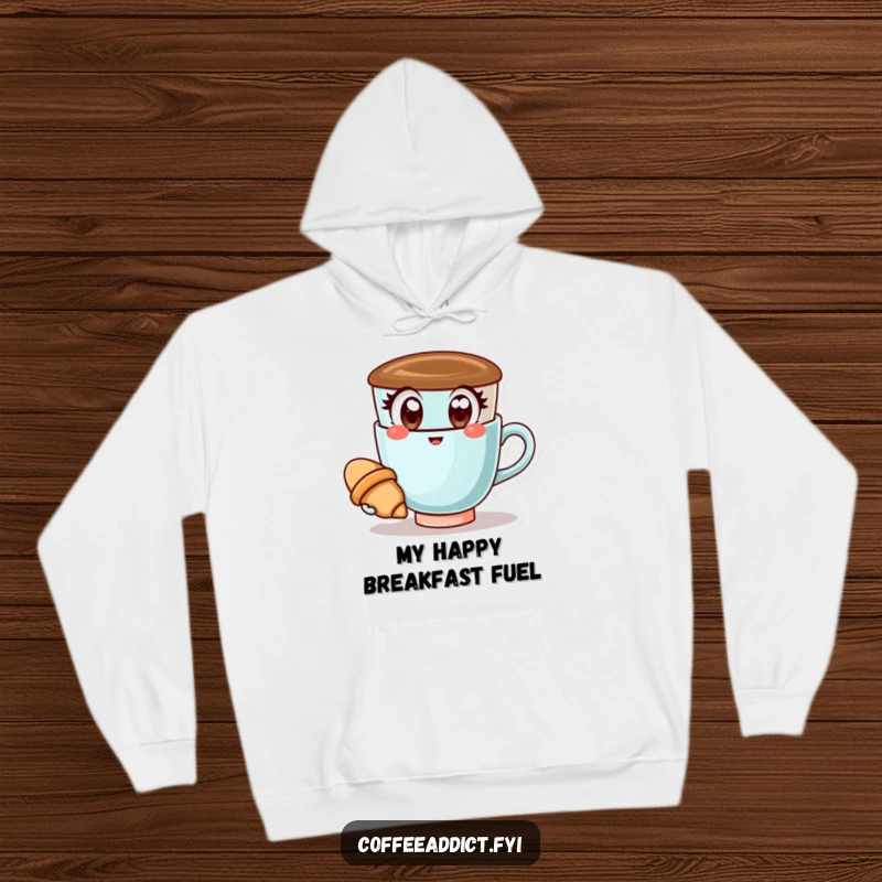 Funny Kawaii Coffee Cup Hoodie: Cozy and warm, featuring a happy coffee cup holding a tiny croissant, ideal for cozy comfort.