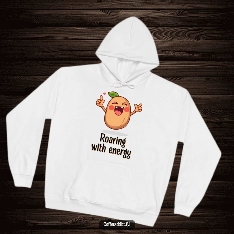 Funny hoodie featuring a triumphant coffee bean character roaring, offering warmth and a sense of power.