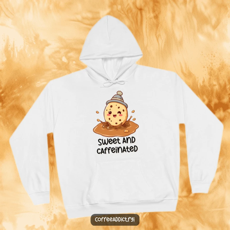 Funny cookie coffee hoodie featuring a perky cookie in a hat splashing happily in a coffee puddle.