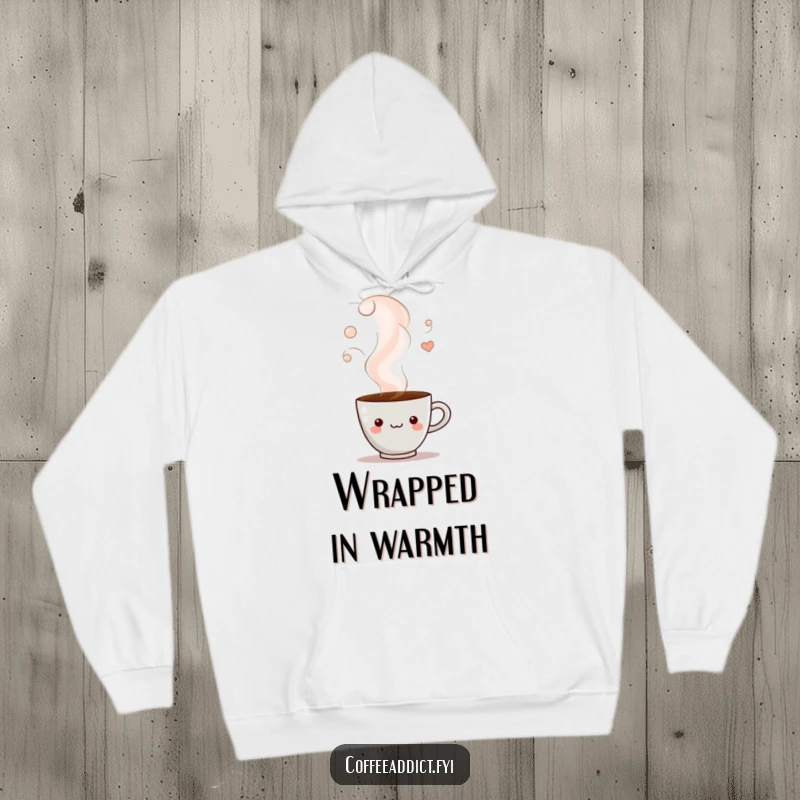 Funny hoodie featuring a coffee cup character peeking from a swirl of steam, offering warmth and a cozy, mysterious vibe.