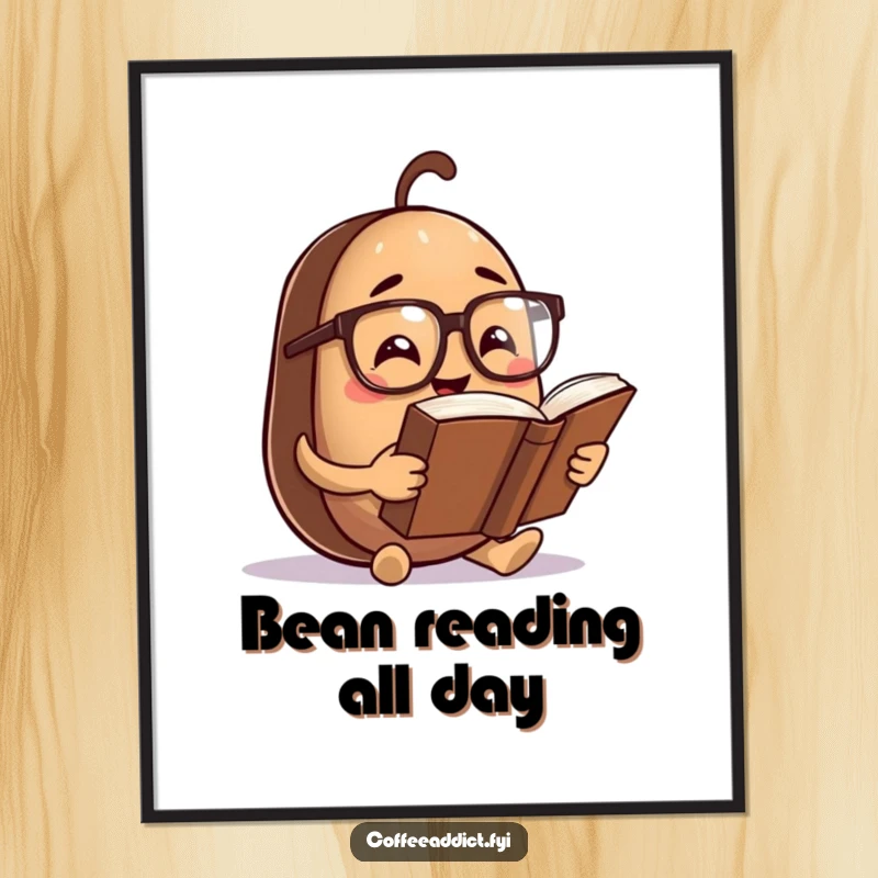 Funny Free Printable wall art of a coffee bean with tiny spectacles, engrossed in a comically oversized book, a witty downloadable gift.